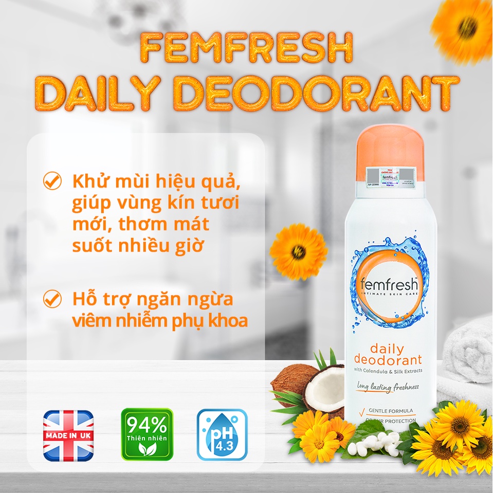 Xịt Thơm Mát, Khử Mùi Vùng Kín Lưu Hương Suốt 24h Femfresh Deodorant Spray 125ml