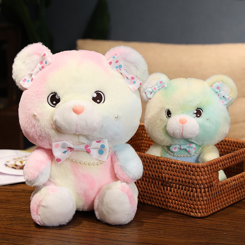 Thú Nhồi Bông Hình Gấu Thắt Nơ Màu Nhuộm Ngọc Trai Cho Bé