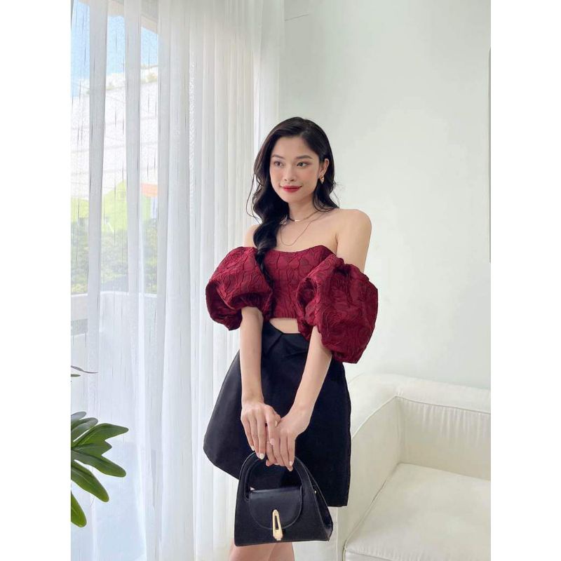 🌸Áo trễ vai hoa gấm tay bồng bánh bèo🌸
