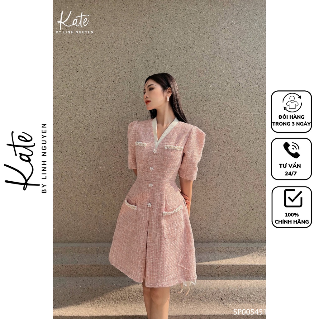 Váy dạ tweed hồng cổ tim trắng 5451 thời trang thiết kế Kate by Linh Nguyen