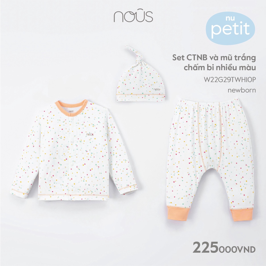 Set bộ quần áo cài thẳng dài tay và mũ Nous Petit sơ sinh/newborn ( 3-5,5kg )