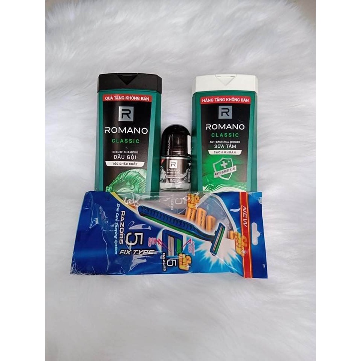 Bộ sản phẩm Romano (dầu gội 150g + sữa tắm 150g + lăn khử mùi 25ml tặng 1 sét 5 dao cạo râu