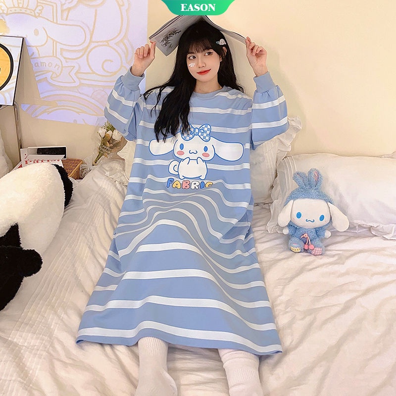 Đầm Ngủ Tay Dài Dáng Rộng In Họa Tiết Hoạt Hình Sọc Sanrio Thời Trang Xuân Thu Xinh Xắn Cho Nữ