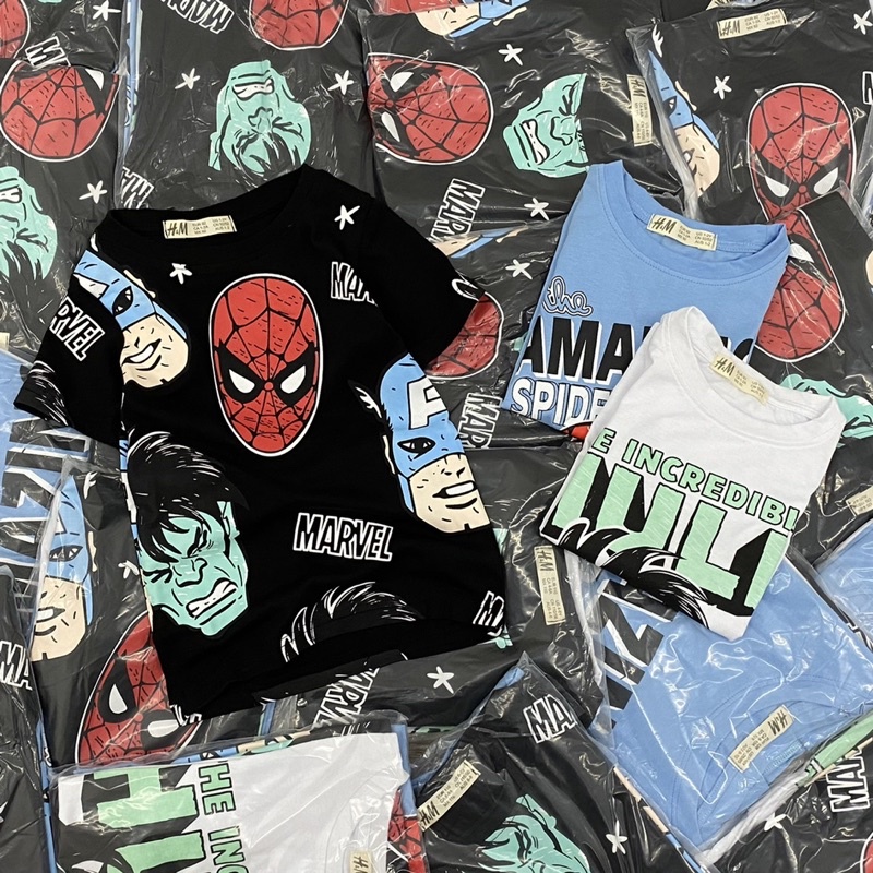 Set 3 áo cộc tay hm in hình Mar.vel cho bé trai size từ 12-32 cân