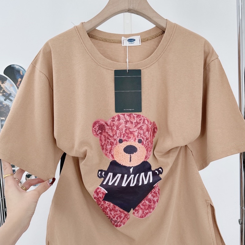 Set áo phông nâu mix quần suông gấu nâu siêu xinh Áo cotton khô QC l1 dày đẹp, hình ép 5D nét căng, xẻ gấu chuẩn mẫu
