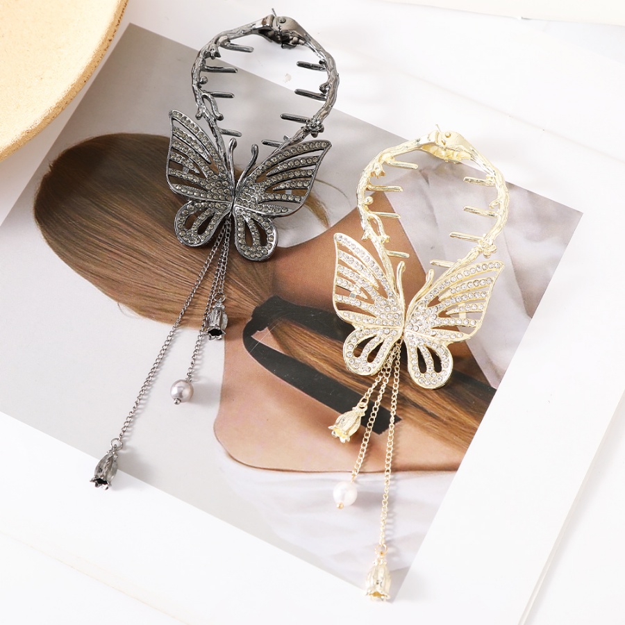 Kẹp Tóc Đuôi Ngựa Bằng Kim Loại Hình Bướm Đính Đá Pha Lê Tua Rua Phong Cách Hàn Quốc