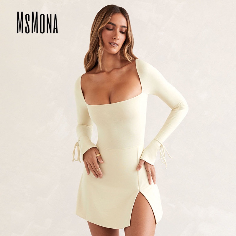 Đầm Dự Tiệc Tay Dài Cổ Vuông Màu Trơn Thời Trang 2023 Quyến Rũ Cho Nữ