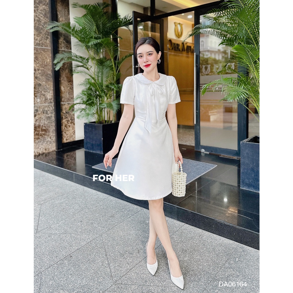 Đầm cổ sen cột nơ trơn tay ngắn phồng tiểu thư phong cách Hàn Quốc DA0616