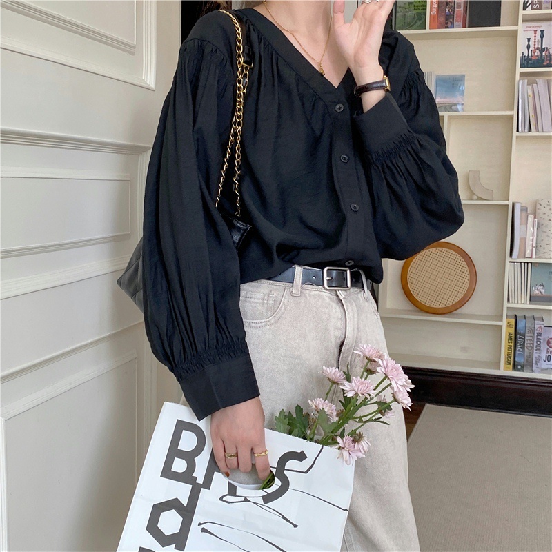 Áo Sơ Mi Nữ Tay Dài Cổ Chữ v Thời Trang Hàn Quốc