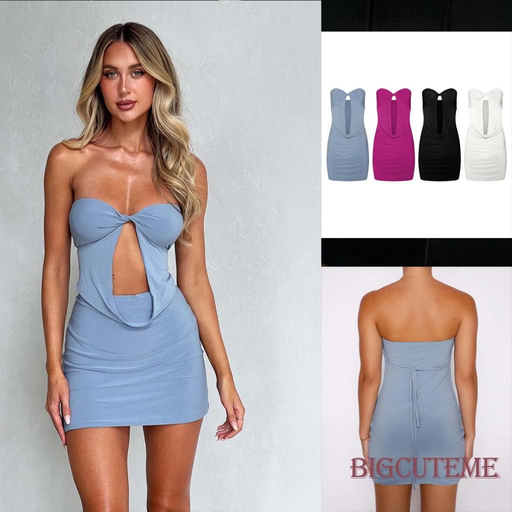 Đầm Mini Ôm Dáng Không Dây Hở Lưng Màu Trơn Gợi Cảm Cho Nữ