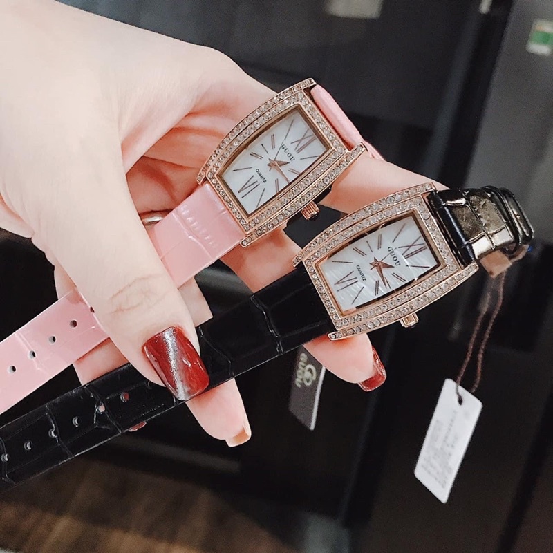 Đồng hồ thời trang nữ Guou dây da mềm full đá viền siêu sang đẹp chống nước Mai Luxury Watch G8225