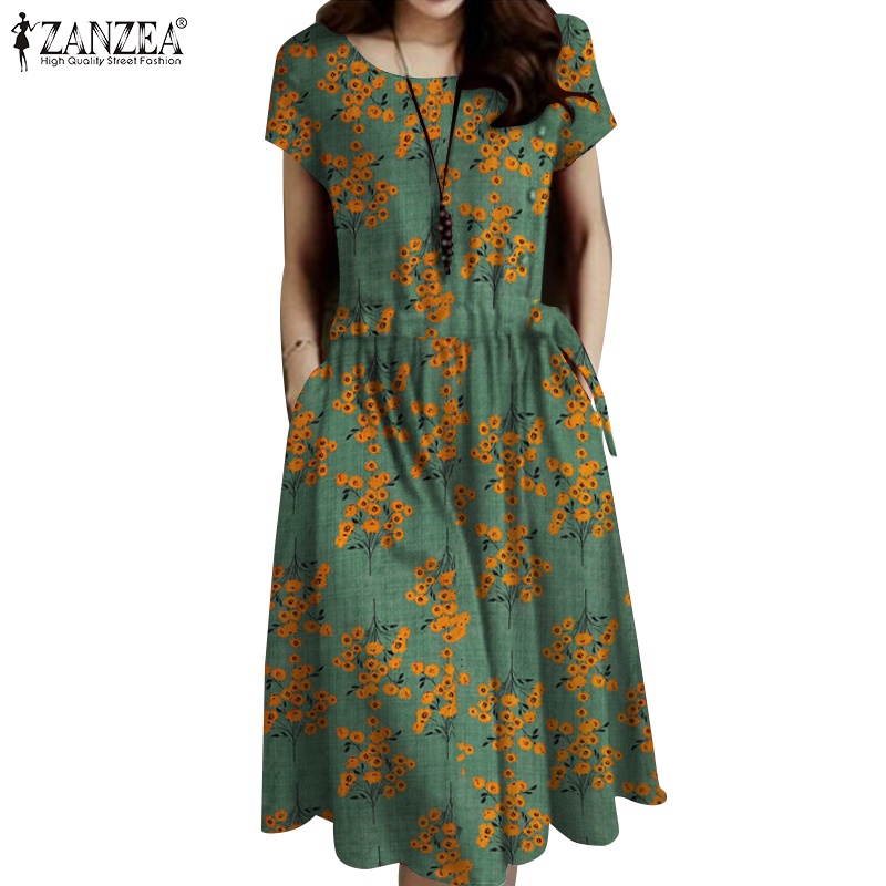 Đầm ZANZEA dây rút ngắn tay in họa tiết caro phong cách Hàn Quốc cho nữ