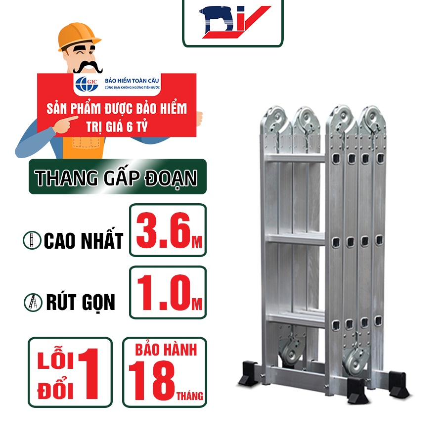 [HỎA TỐC 2H HCM] Thang nhôm gấp đoạn DIY TLG-3D chiều cao duỗi thẳng 3.6m, chữ A 1.8m