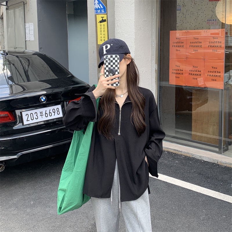 Áo sơ mi COZOKC tay dài màu trơn có khóa kéo thời trang