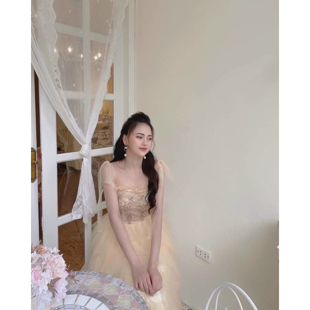 Đầm dự tiệc công chúa tầng hai dây kết đá sang trọng tiểu thư