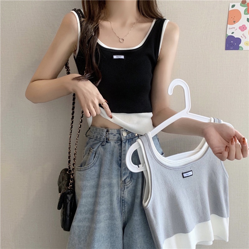 Áo Len Không Tay Giả Hai Lớp Màu Sắc Tương Phản Thời Trang Mùa Hè Phong Cách Hàn Quốc