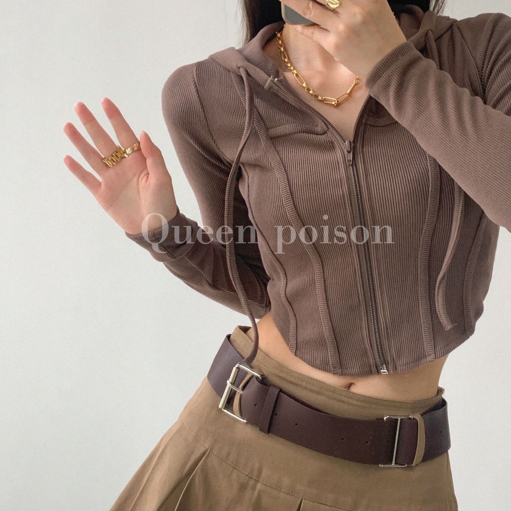 Áo croptop tay dài áo croptop Áo Khoác Thể Thao Có Nón Phối Khóa Kéo Phong Cách Âu Mỹ Cho Nữ