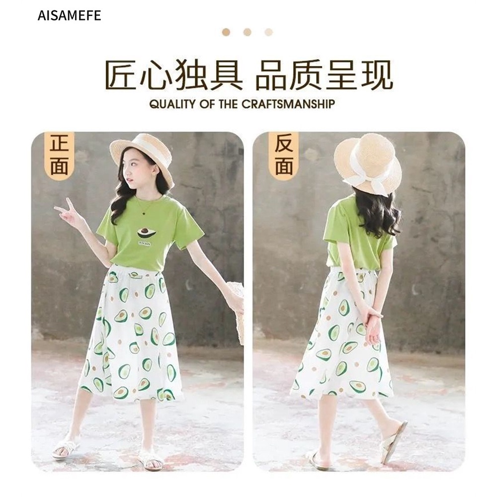 Bộ Áo Thun Cotton In Hình Quả Bơ Hoạt Hình + Chân Váy Mùa Hè Cho Bé Gái 3-12 Tuổi