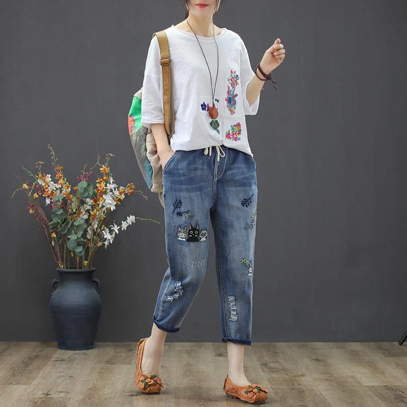 Quần jeans Nữ Lưng Thun Thêu Họa Tiết Phong Cách Retro