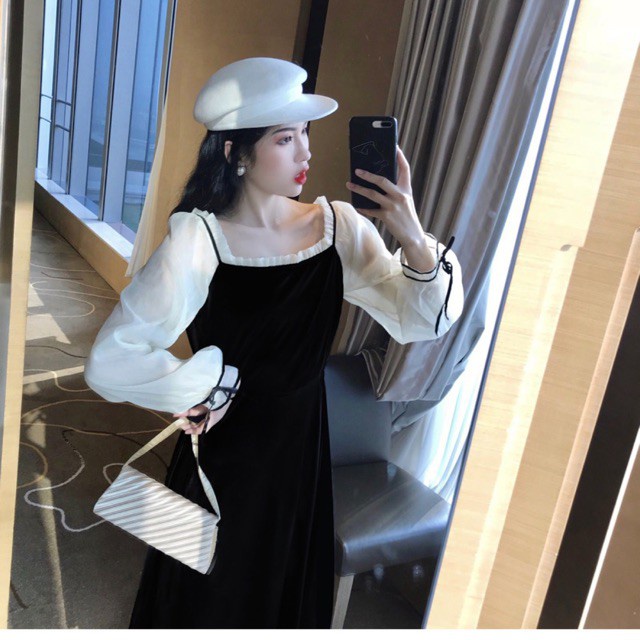 (Order) L-4XL Đầm đen trắng cổ vuông xếp ly, tay nơ tiểu thư siêu xinh
