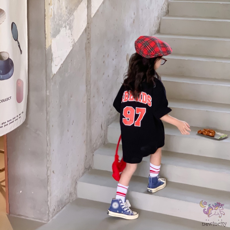 Đầm Thun Tay Ngắn In Chữ Phong Cách Hàn Quốc Thời Trang Mùa Hè Cho Bé Gái