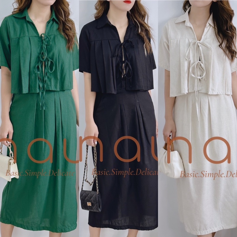 Set linen áo phối dây cột chân váy midi