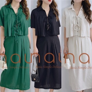 Set linen áo phối dây cột chân váy midi