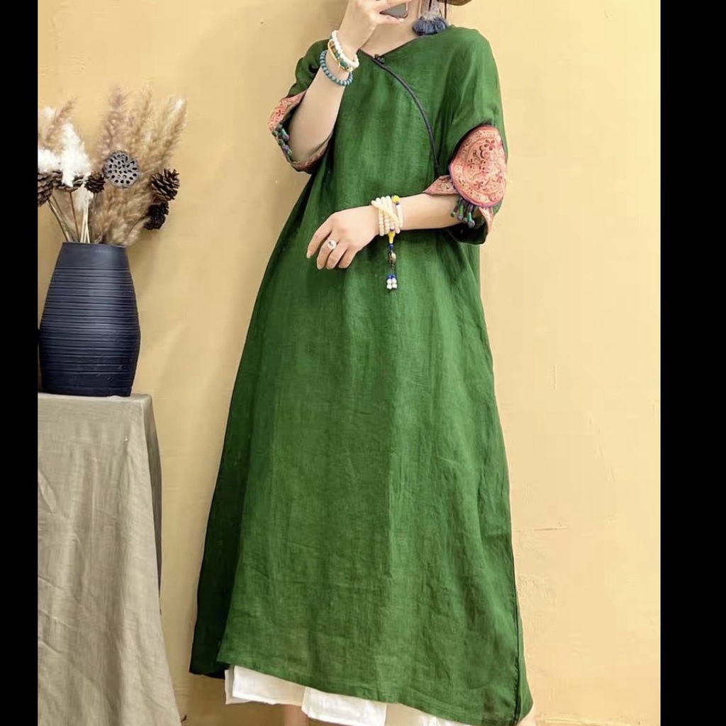 Đầm Cotton Lanh Cổ Tròn Dáng Rộng Thêu Họa Tiết Thổ Cẩm Kiểu Retro Xinh Xắn Cho Nữ