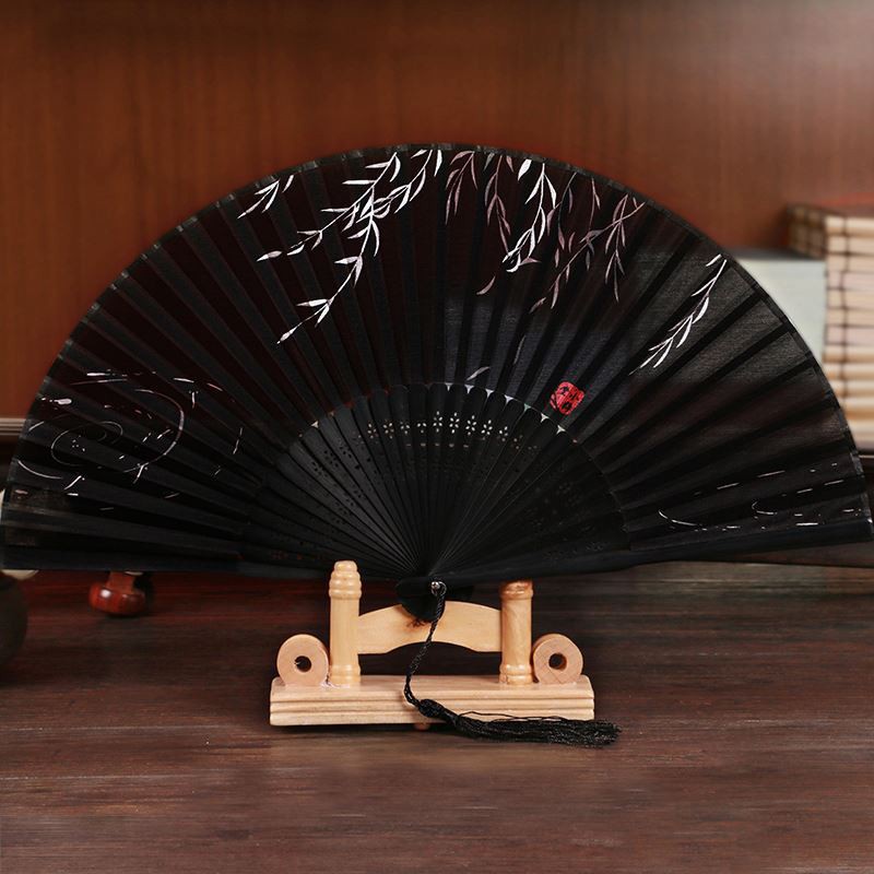 Quạt cầm tay cổ trang, quạt cổ trang Trung Quốc bằng vải giấy gỗ xếp, quạt múa văn nghệ YK