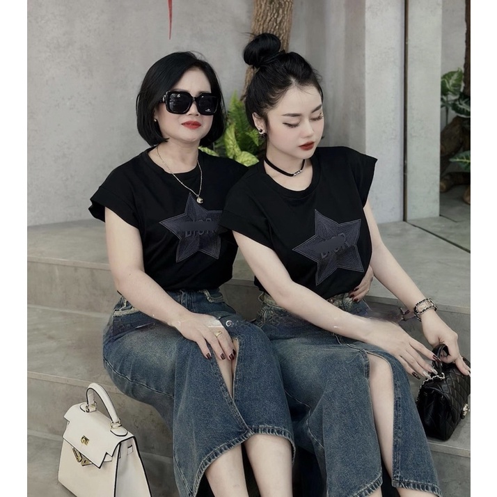Áo Tay hến thêu chữ nổi Set bộ đũi xước DG siêu hot Chất cotton khô hàng QCCC Áo thun sát nách cổ tròn, Áo kiểu vai hến