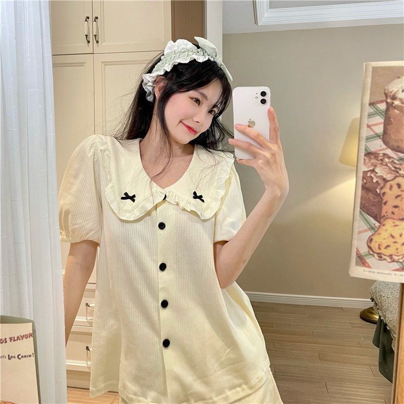 Bộ Đồ Ngủ Ngắn Tay Dáng Rộng Đính Nơ Ngọt Ngào Thời Trang Mùa Hè Mới Dành Cho Bạn Nữ