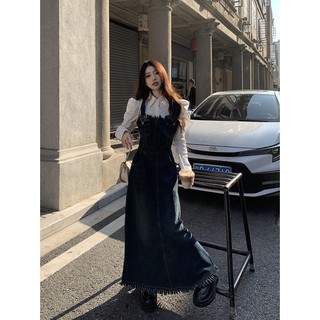 Set váy yếm nữ phối áo kiểu nữ tiểu thư tay ngắn bồng cổ tròn kéo khóa sau, Váy yếm bò jeans đẹp dáng suông dài xẻ tà
