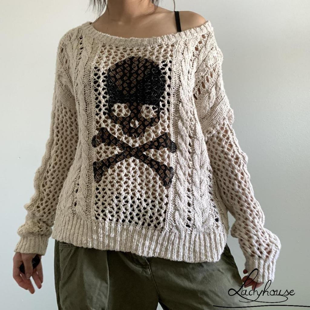 Áo Sweater Dệt Kim Tay Dài Khoét Vai In Họa Tiết Đầu Lâu Cá Tính Cho Nữ