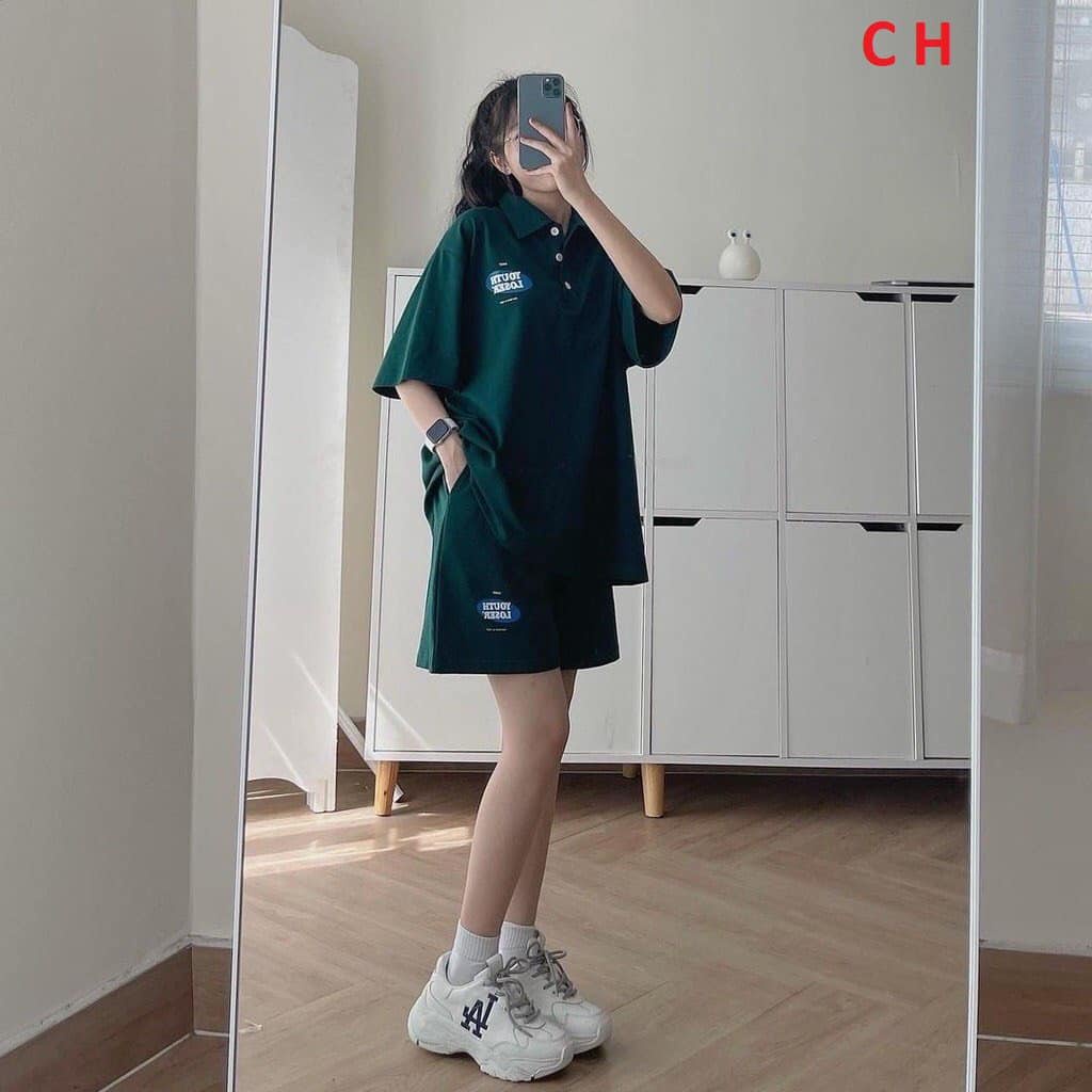 Sét đùi polo logo YOUTH Chất cotton su mịn đẹp Fom thụng unisex
