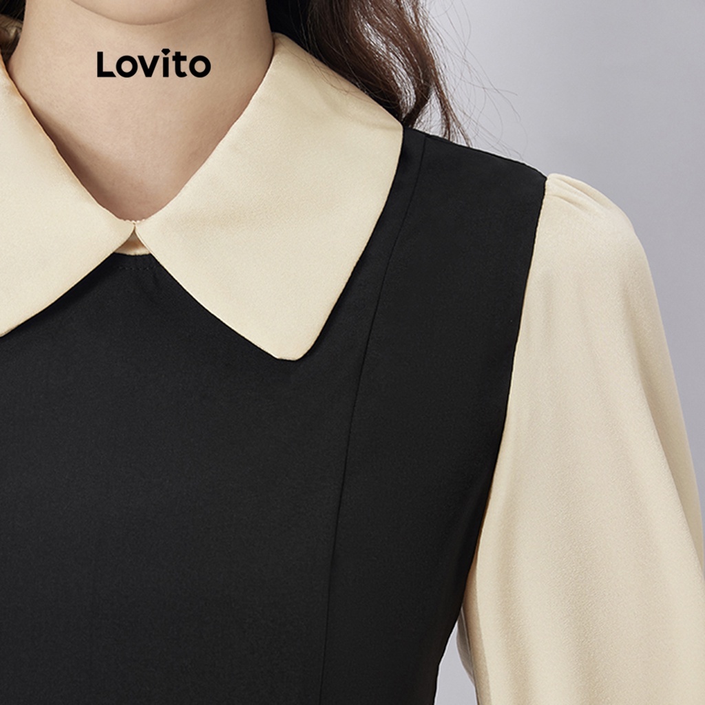 Lovito Vintage Patchwork Tương phản Búp bê Cổ áo Nướng Dài tay Phụ nữ Váy L35AD065