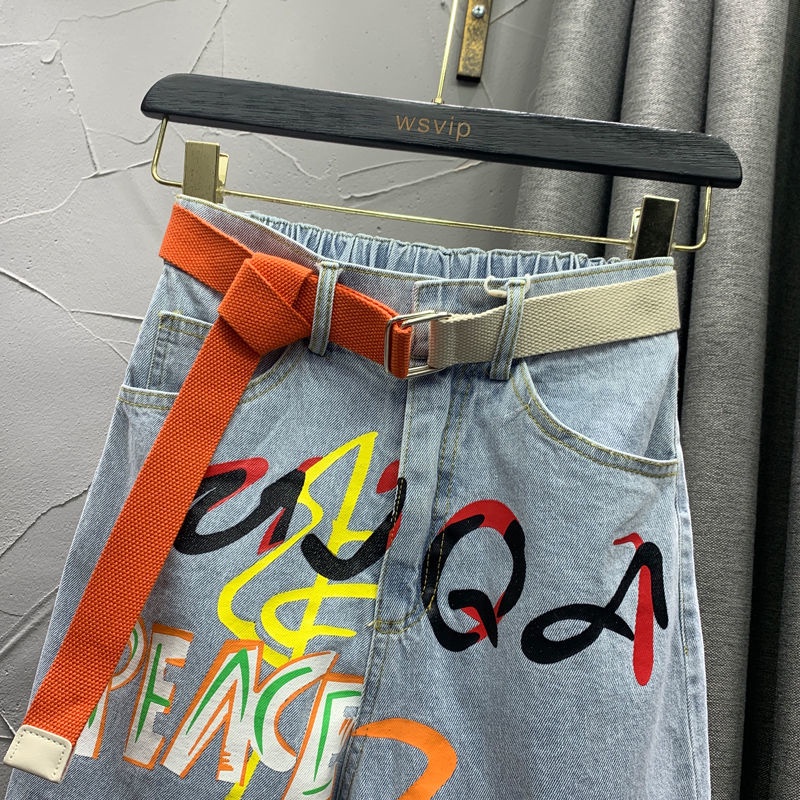 Jiashucheng Quần Jeans Lửng Ống Rộng Lưng Cao In Họa Tiết Graffiti Thời Trang Mùa Hè 2023 Phong Cách Châu Âu Cho Nữ