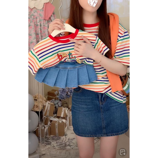 Áo Thun Gia Đình Kẻ Sọc Cầu Vồng In Chữ Phong Cách Mới Mùa Hè 2023