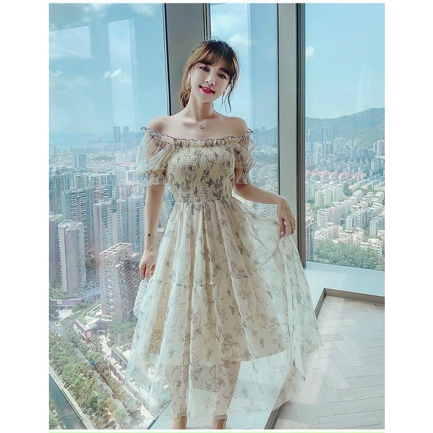 Đầm nữ thời trang mặc đi chơi chất voan hoa cổ vuông tay ngắn váy xoè hai lớp phong cách bánh bèo