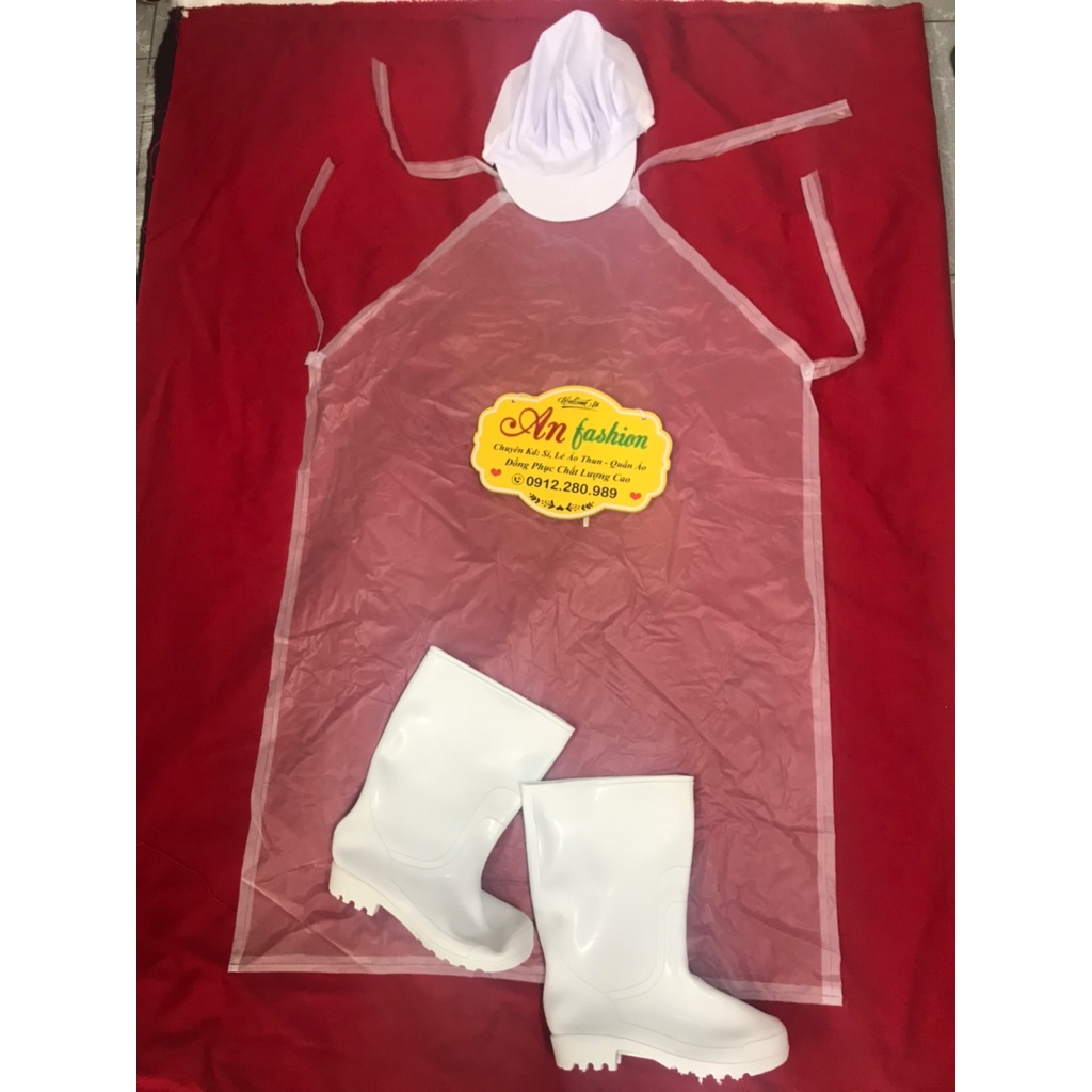 [Tạp dề+Nón+Ủng] Tạp dề nhựa, đồng phục thủy sản chống thấm nước màu trắng trong_ Hình chụp thât