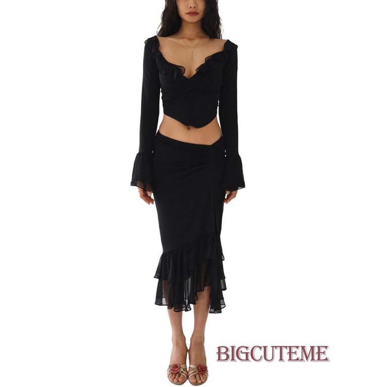 Set Đồ Mùa Hè 2 Món Gồm Áo Tay Dài Cổ V Nhún Bèo Màu Sắc Trơn + Chân Váy Đuôi Cá Eo Thấp Xẻ Tà Cho Nữ