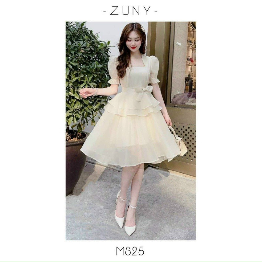 (Mẫu mới 2023) Váy đầm nữ dáng xòe tay bồng xếp tầng cột dây eo nữ tính dể thương