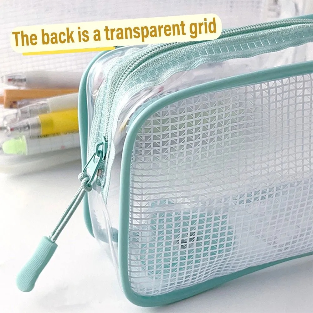 Túi Đựng Bút Dạng Lưới Trong Suốt Có Khóa Kéo Sức Chứa Lớn Phong Cách Hàn Quốc