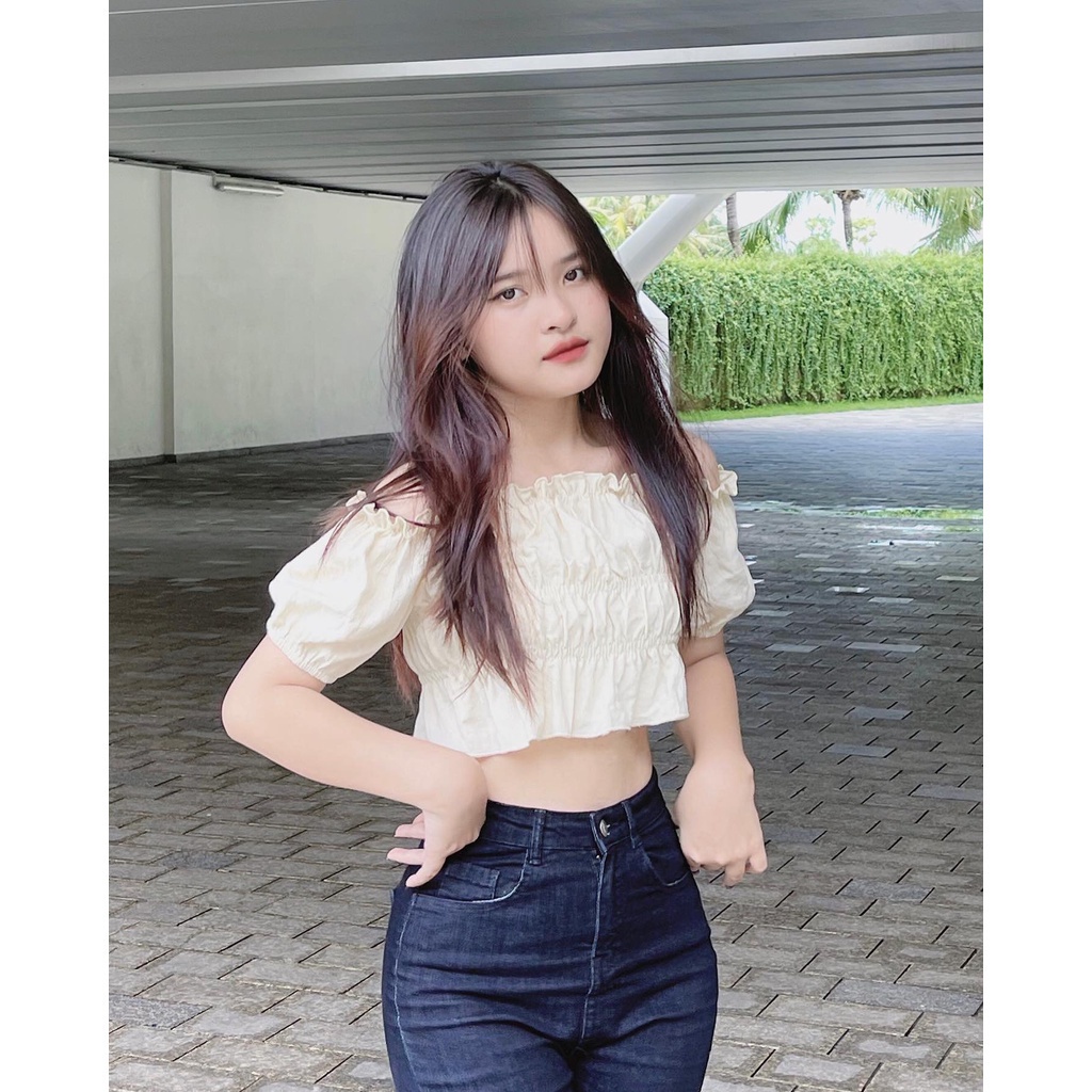 Áo kiểu xếp nếp tay phồng trễ vai màu trơn phong cách lãng mạn