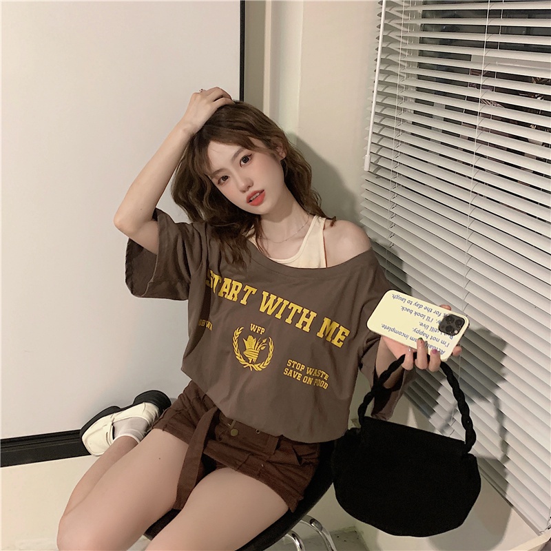 Áo thun SUXI ngắn tay trễ vai dáng rộng thời trang mùa hè dành cho nữ