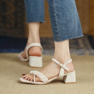 GIÀY SANDAL CAO GÓT PTS70 NỮ ĐÊ VUÔNG 5P MÀU ĐEN, TRẮNG SANG CHẢNH, QUÝ PHÁI