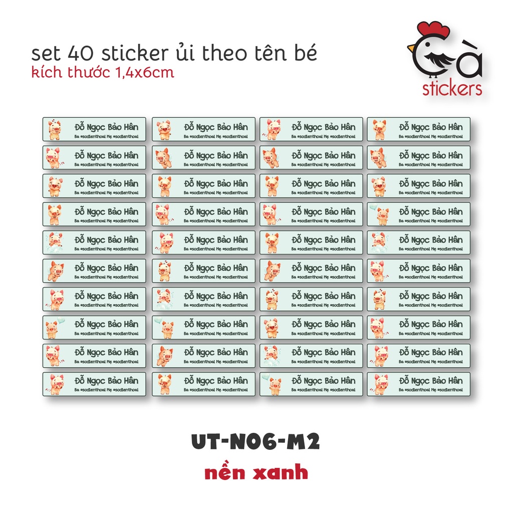 Sticker ủi áo in tên trẻ em GaStickers UT-N06- bộ 40 miếng kích thước 1,4 x 6 cm