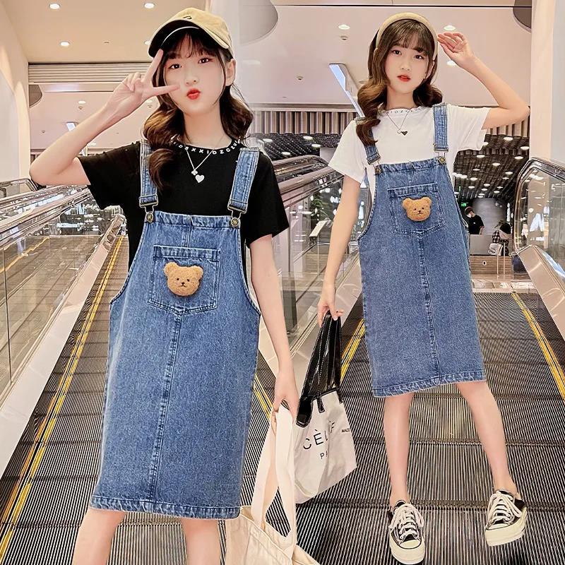 Đầm Denim Cotton Mềm Mại Thời Trang Mùa Hè Cho Bé Gái 3-8 - 10-16 Tuổi