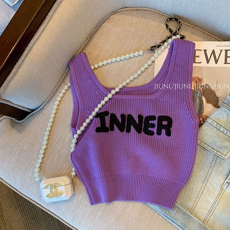 Áo Hai Dây Dệt Kim Ôm Dáng In Chữ Màu Tím Thời Trang Mùa Hè 2022 Mới Phong Cách Hàn Quốc Cho Nữ
