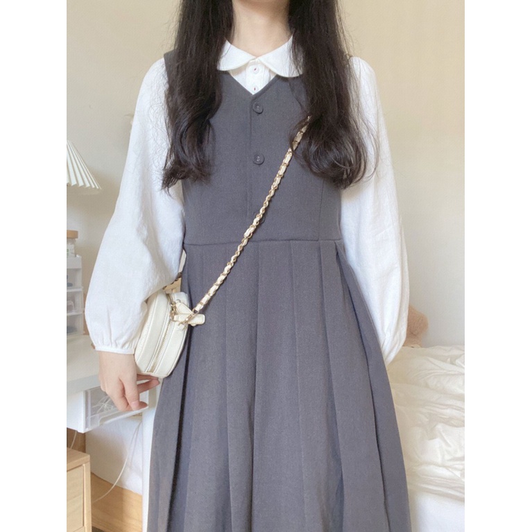 Set Áo Sơ Mi Cổ Búp Bê + Đầm Hai Dây Phong Cách Retro Pháp Hàng Mới 2023