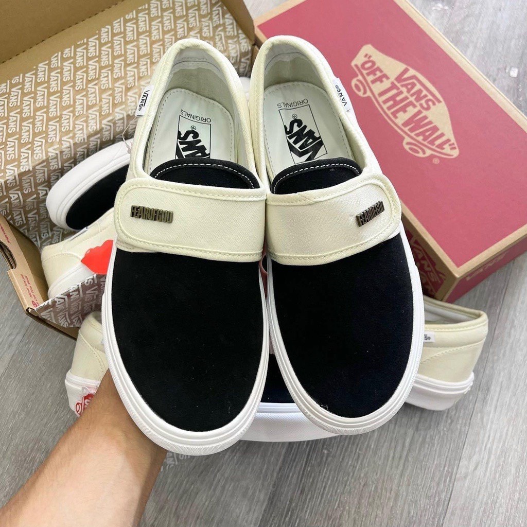 Giày thể thao Vans dán đen trắng fog Classic Slip On, Giày Van Caro lười Đen trắng Full Box Bill buộc dây